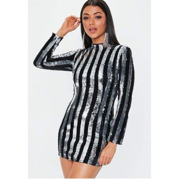Missguided Petite Sequin Mini Dress US2 Black Silver Long Sleeve Party Cocktail - Picture 12 of 12